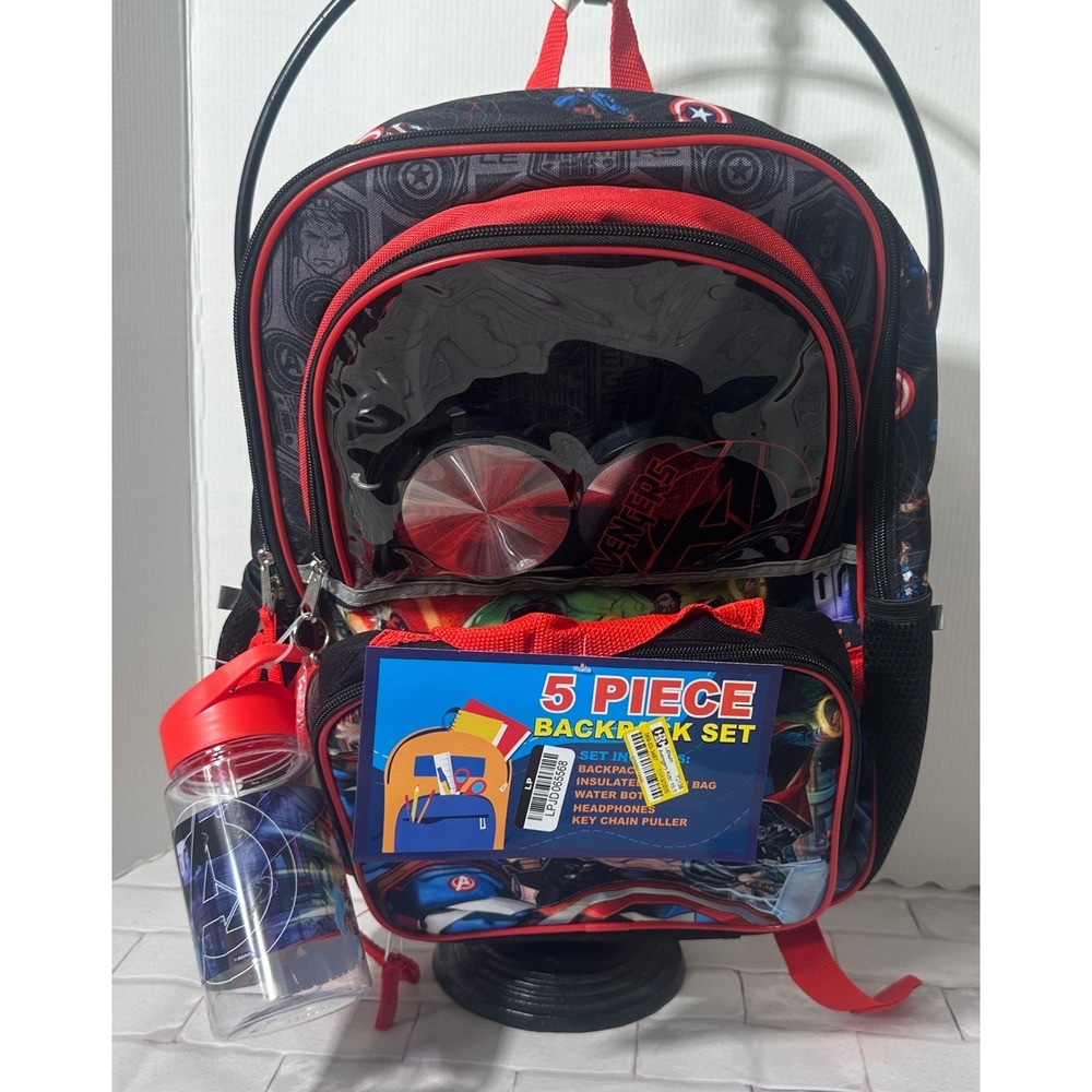 Marvel Avengers Kids 5 Piece‎ Backpack Set Lunch Bag Headphones Water Bottle NEW